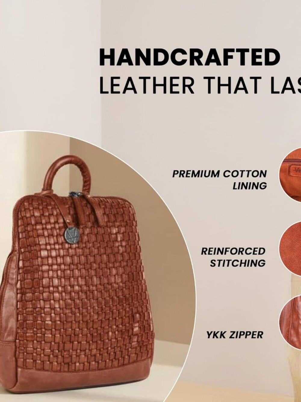 12.5 Inch Genuine Leather Backpack for Women and Men, Cognac Leather Backpack wi - Picture 3 of 8